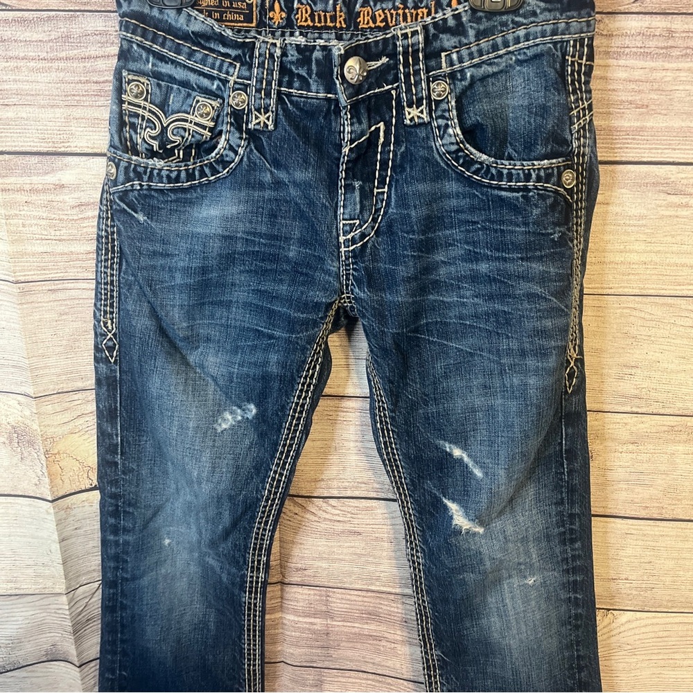 WOMENS SIZE 29 BOOTCUT JEANS—ROCK REVIVAL BRAND—EXCELLENT USED CONDITION